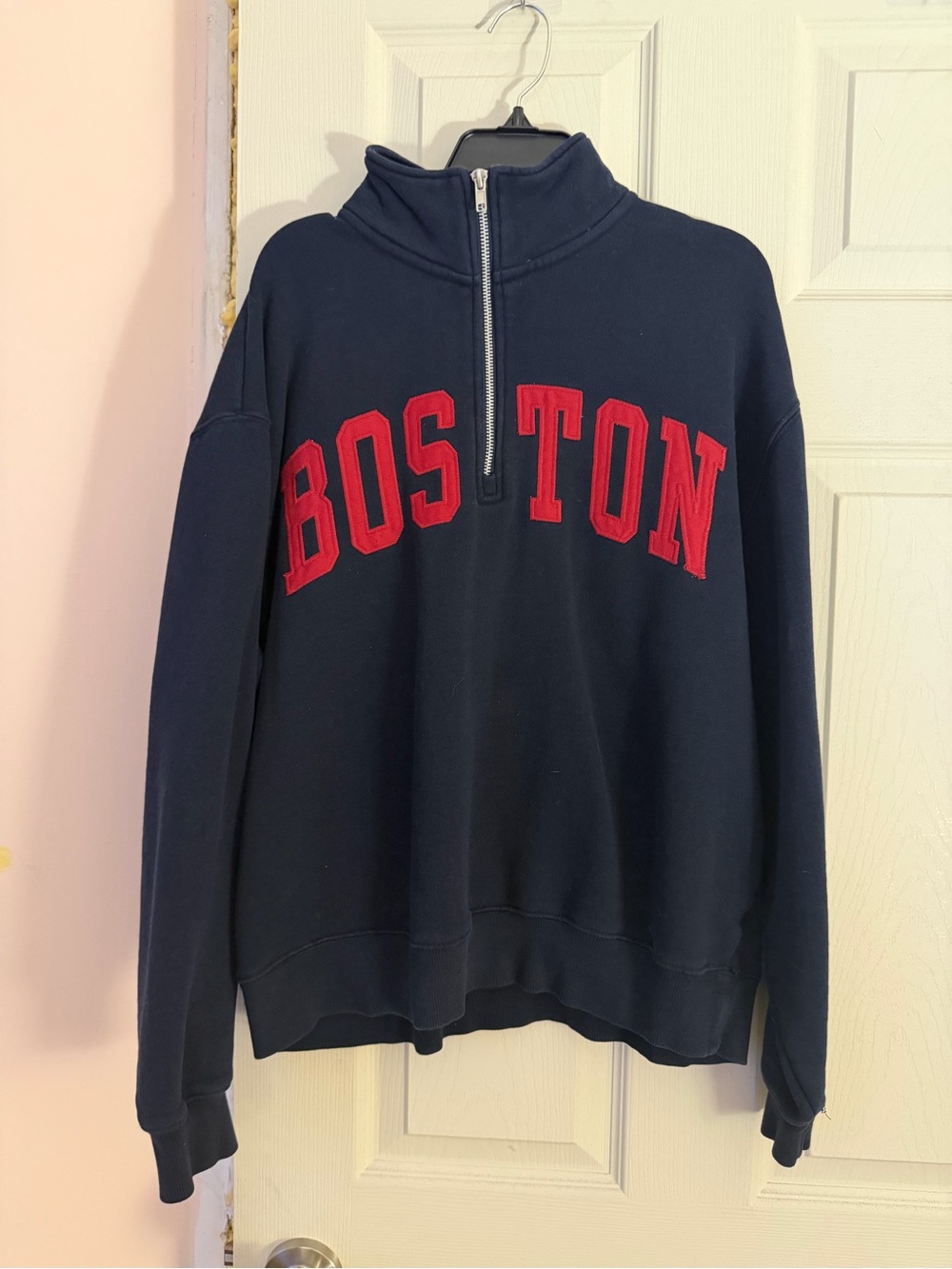 Lazy Sunday Navy Half-Zip Sweatshirt with Red 'BOSTON' Applique